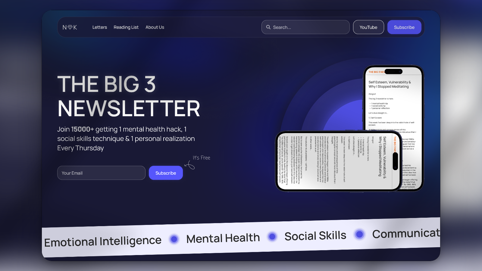 newelofknowledge.com hero — The Big 3 newsletter signup with phone mockups