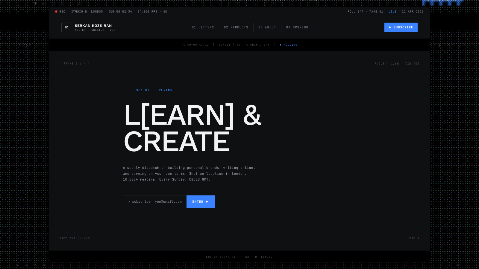 serkankozkiran.com opening frame — dark, film-credits-style hero reading 'L[earn] & Create'